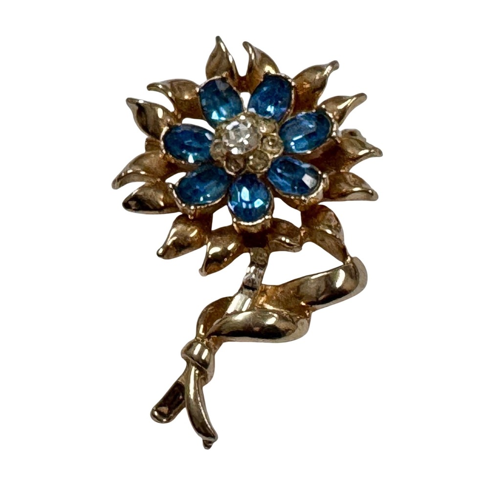 Coro Gold Tone Blue Rhinestone Flower Brooch Pin Signed Vintage mid century